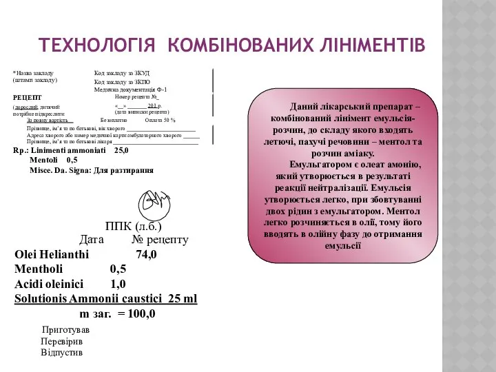 ТЕХНОЛОГІЯ КОМБІНОВАНИХ ЛІНІМЕНТІВ Даний лікарський препарат – комбінований лінімент емульсія-розчин, до