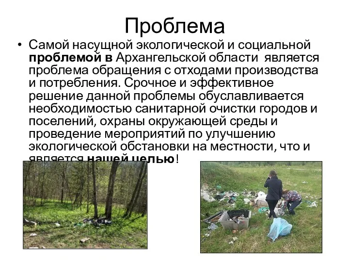 Проблема Самой насущной экологической и социальной проблемой в Архангельской области является