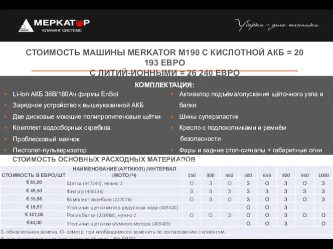 СТОИМОСТЬ ОСНОВНЫХ РАСХОДНЫХ МАТЕРИАЛОВ СТОИМОСТЬ МАШИНЫ MERKATOR M190 С КИСЛОТНОЙ АКБ