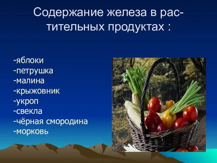 Содержание железа в рас-тительных продуктах : -яблоки -петрушка -малина -крыжовник -укроп -свекла -чёрная смородина -морковь