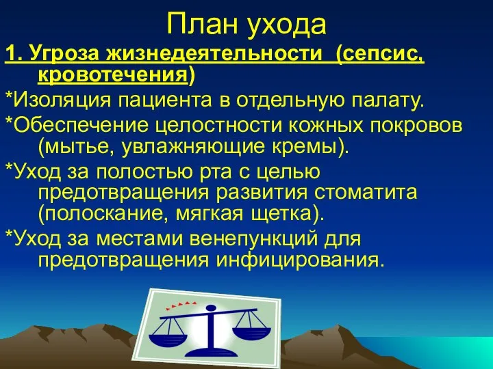 План ухода 1. Угроза жизнедеятельности (сепсис, кровотечения) *Изоляция пациента в отдельную