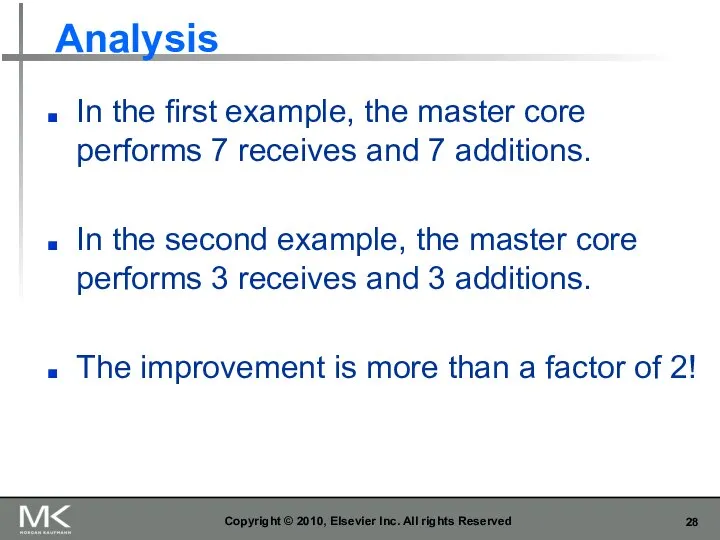 Analysis In the first example, the master core performs 7 receives