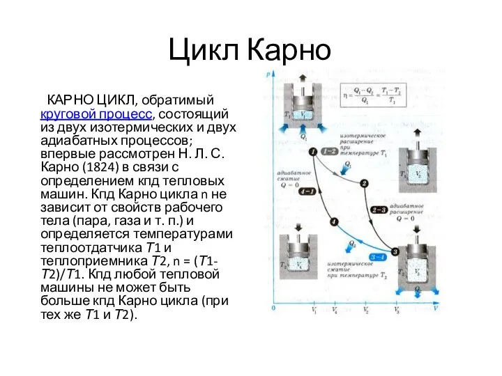 Цикл Карно КАРНО ЦИКЛ, обратимый круговой процесс, состоящий из двух изотермических