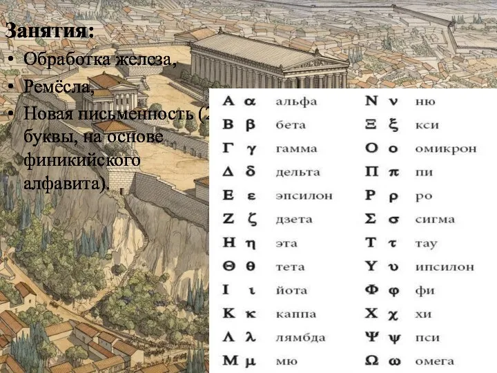 Занятия: Обработка железа, Ремёсла, Новая письменность (24 буквы, на основе финикийского алфавита).