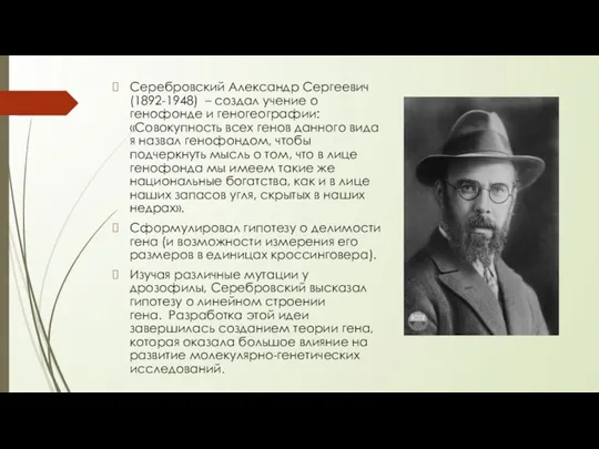 Серебровский Александр Сергеевич (1892-1948) – создал учение о генофонде и геногеографии: