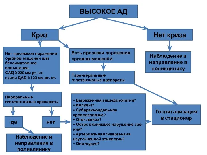 ВЫСОКОЕ АД Криз Нет криза Наблюдение и направление в поликлинику Нет