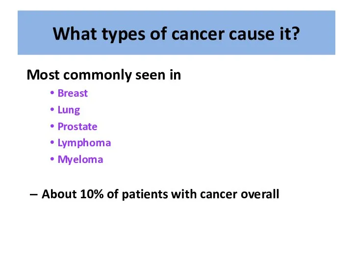 Most commonly seen in Breast Lung Prostate Lymphoma Myeloma About 10%