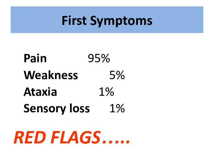 First Symptoms Pain 95% Weakness 5% Ataxia 1% Sensory loss 1% RED FLAGS…..
