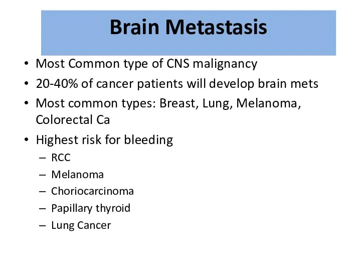 Most Common type of CNS malignancy 20-40% of cancer patients will