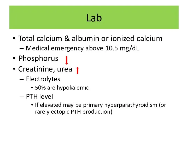 Lab Total calcium & albumin or ionized calcium Medical emergency above