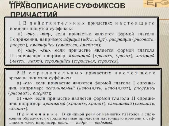 ПРАВОПИСАНИЕ СУФФИКСОВ ПРИЧАСТИЙ ВАРИАНТ 1