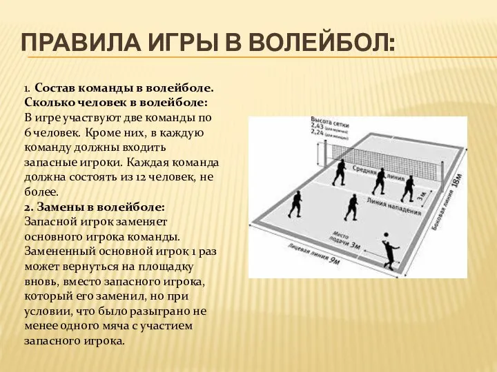 ПРАВИЛА ИГРЫ В ВОЛЕЙБОЛ: 1. Состав команды в волейболе. Сколько человек