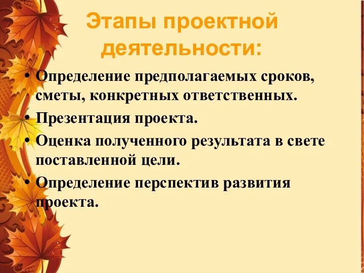 Этапы проектной деятельности: Определение предполагаемых сроков, сметы, конкретных ответственных. Презентация проекта.