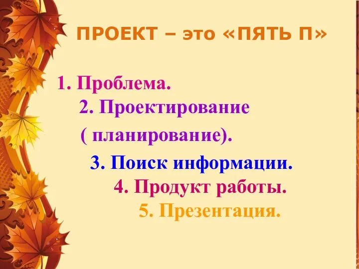 ПРОЕКТ – это «ПЯТЬ П» 1. Проблема. 2. Проектирование ( планирование).