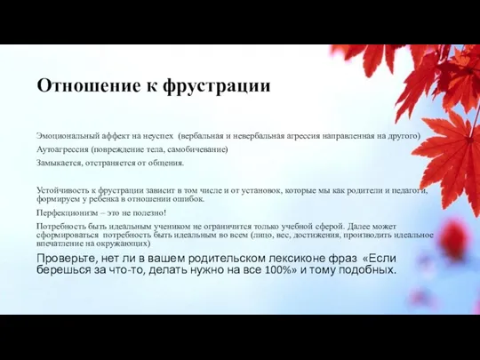 Отношение к фрустрации Эмоциональный аффект на неуспех (вербальная и невербальная агрессия