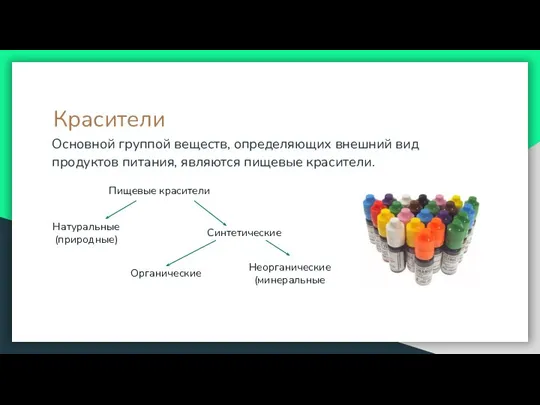 Красители Основной группой веществ, определяющих внешний вид продуктов питания, являются пищевые