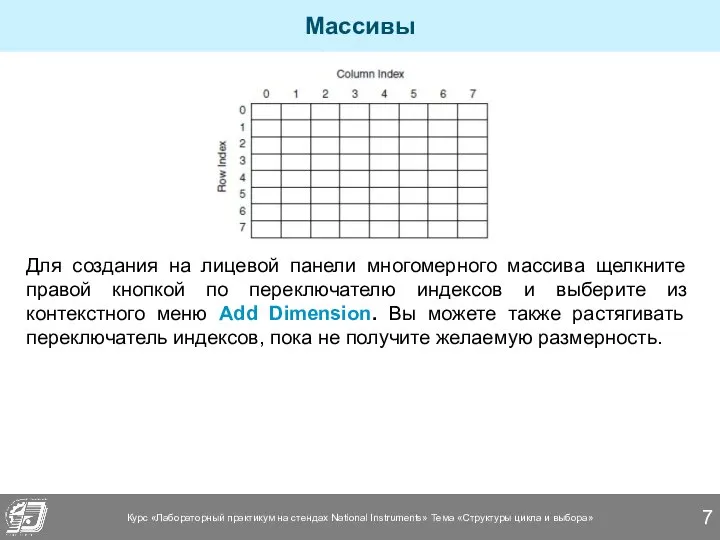 Массивы Для создания на лицевой панели многомерного массива щелкните правой кнопкой