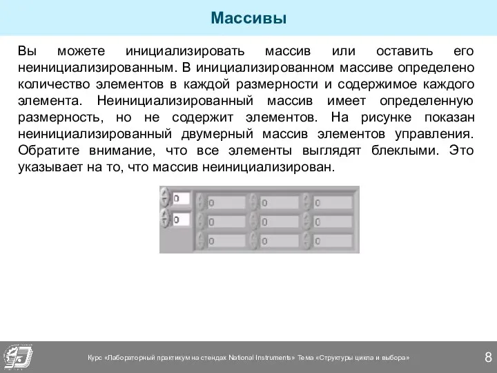 Массивы Вы можете инициализировать массив или оставить его неинициализированным. В инициализированном