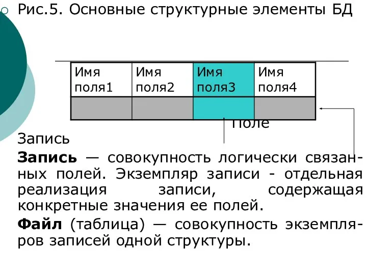 Рис.5. Основные структурные элементы БД Поле Запись Запись — совокупность логически