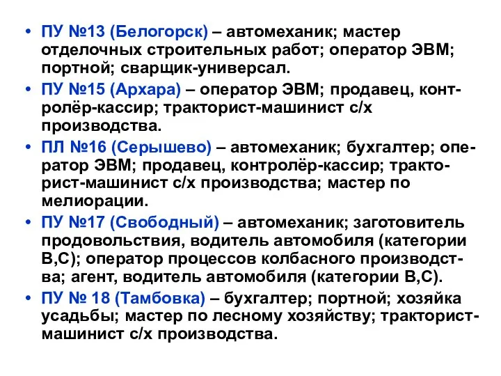 ПУ №13 (Белогорск) – автомеханик; мастер отделочных строительных работ; оператор ЭВМ;