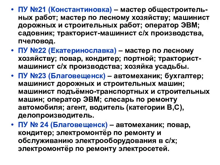 ПУ №21 (Константиновка) – мастер общестроитель-ных работ; мастер по лесному хозяйству;