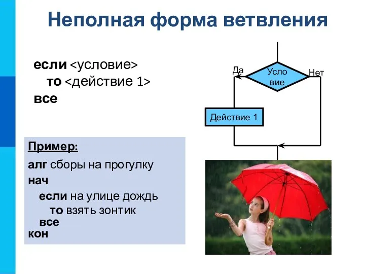 Неполная форма ветвления если то все Пример: алг сборы на прогулку