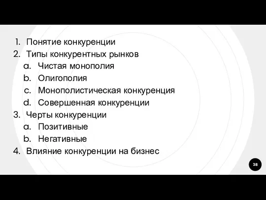 Понятие конкуренции Типы конкурентных рынков Чистая монополия Олигополия Монополистическая конкуренция Совершенная