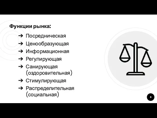 Функции рынка: Посредническая Ценообразующая Информационная Регулирующая Санирующая (оздоровительная) Стимулирующая Распределительная (социальная)