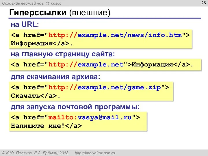 Гиперссылки (внешние) Информация . на URL: на главную страницу сайта: Информация