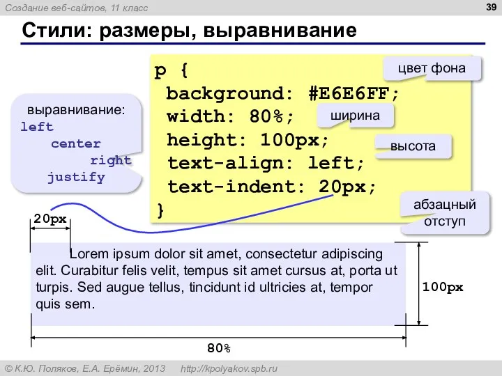 Стили: размеры, выравнивание p { background: #E6E6FF; width: 80%; height: 100px;