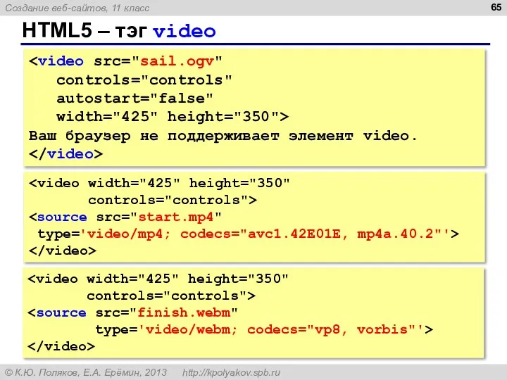 HTML5 – тэг video controls="controls" autostart="false" width="425" height="350"> Ваш браузер не