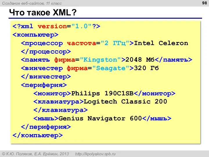 Что такое XML? Intel Celeron 2048 Мб 320 Гб Philips 190C1SB