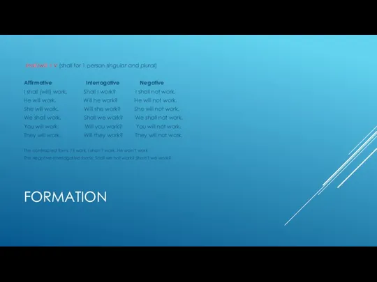 FORMATION shall/will + V (shall for 1 person singular and plural)