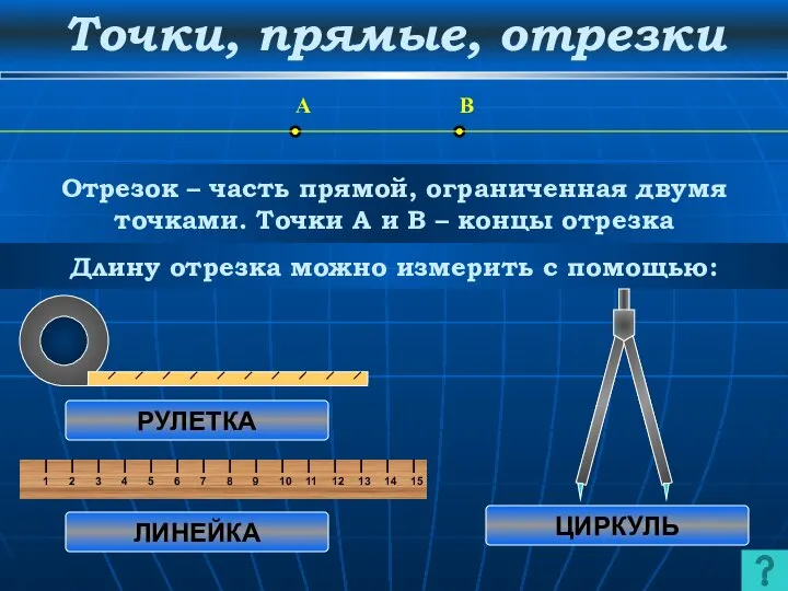 Точки, прямые, отрезки Отрезок – часть прямой, ограниченная двумя точками. Точки