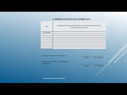 [1] При прохождении практики в БашГУ. 6. ДНЕВНИК РАБОТЫ ОБУЧАЮЩЕГОСЯ