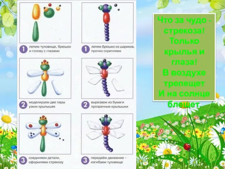 Что за чудо - стрекоза! Только крылья и глаза! В воздухе трепещет И на солнце блещет.