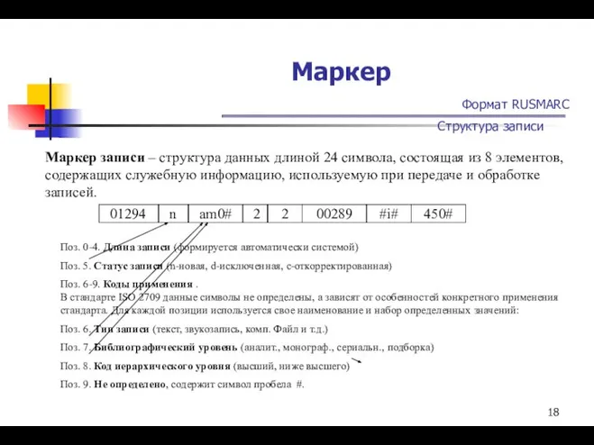 Маркер Формат RUSMARC Структура записи Маркер записи – структура данных длиной