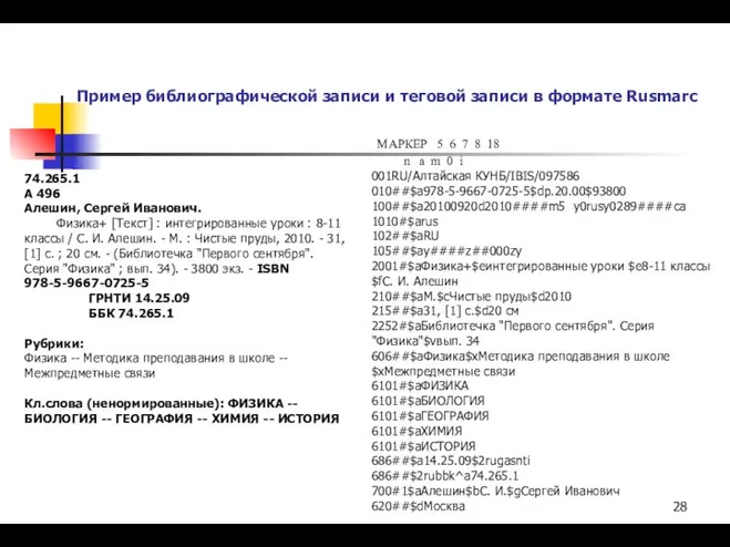 Пример библиографической записи и теговой записи в формате Rusmarc 74.265.1 А