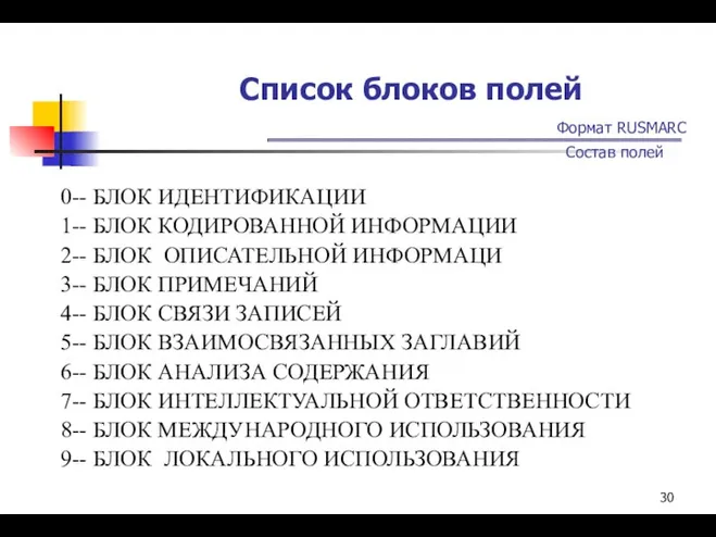 Список блоков полей Формат RUSMARC Состав полей 0-- БЛОК ИДЕНТИФИКАЦИИ 1--