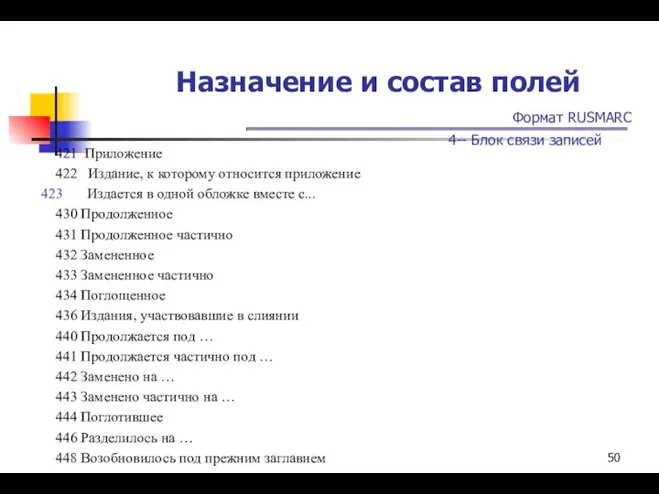 Назначение и состав полей Формат RUSMARC 4-- Блок связи записей 421