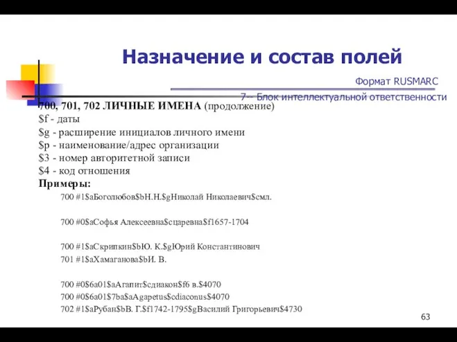 Назначение и состав полей Формат RUSMARC 7-- Блок интеллектуальной ответственности 700,