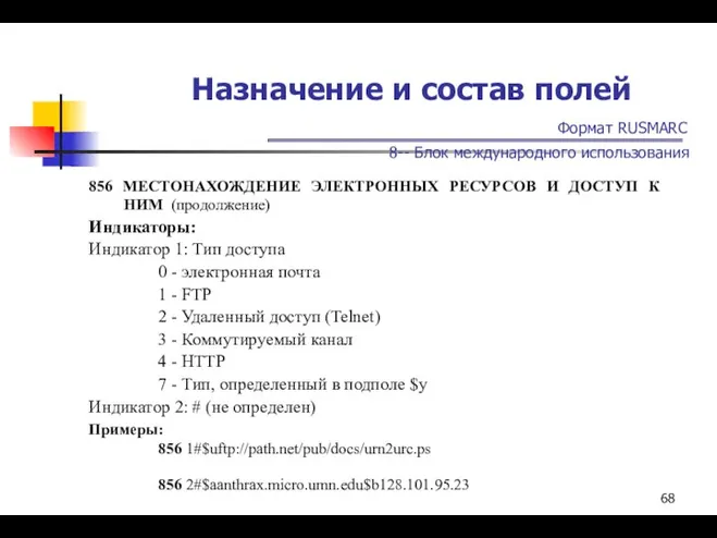 Назначение и состав полей Формат RUSMARC 8-- Блок международного использования 856