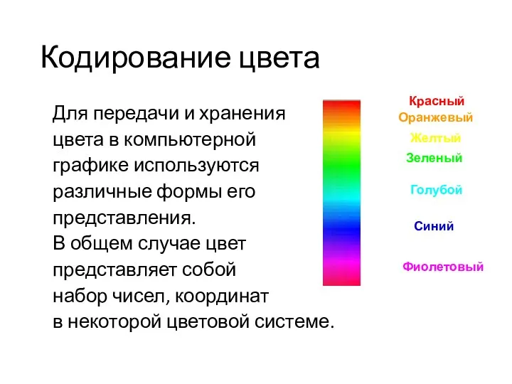 Кодирование цвета Для передачи и хранения цвета в компьютерной графике используются