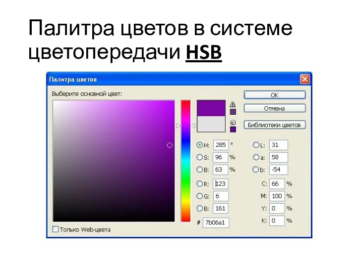Палитра цветов в системе цветопередачи HSB