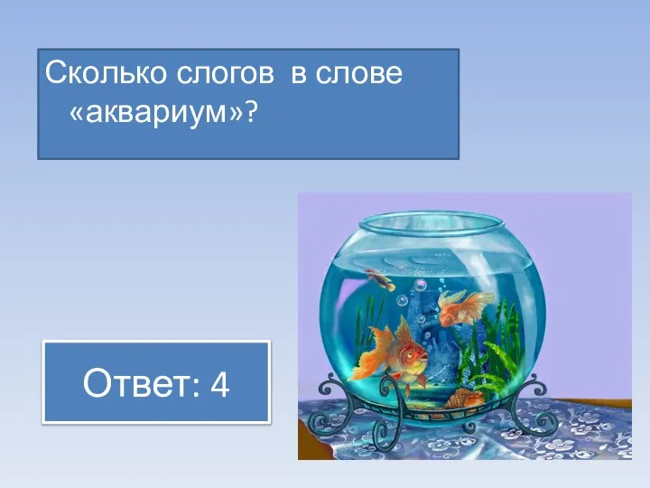 Ответ: 4 Сколько слогов в слове «аквариум»?