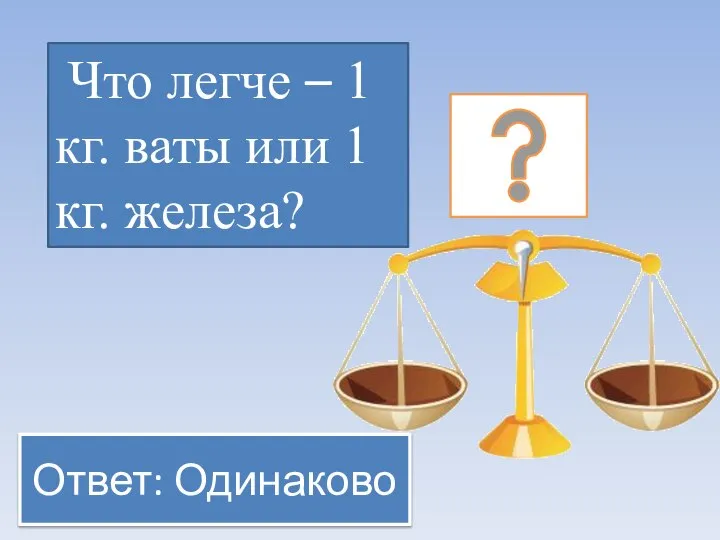 Ответ: Одинаково Что легче – 1 кг. ваты или 1 кг. железа?