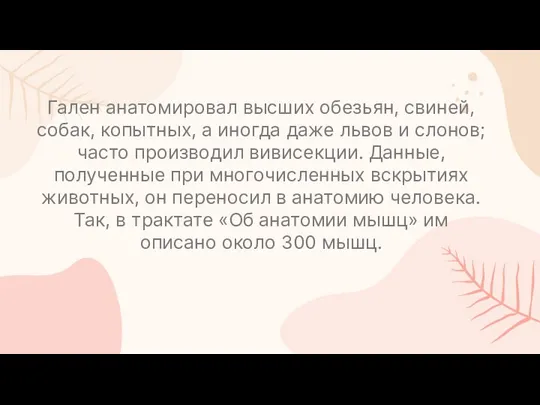 Гален анатомировал высших обезьян, свиней, собак, копытных, а иногда даже львов