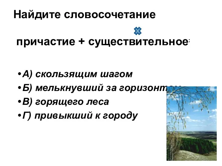 А) скользящим шагом Б) мелькнувший за горизонтом В) горящего леса Г)