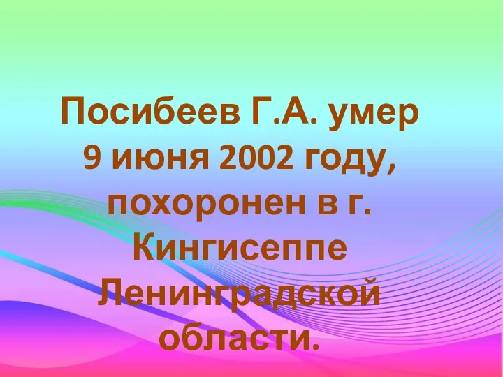 Посибеев Г.А. умер 9 июня 2002 году, похоронен в г. Кингисеппе Ленинградской области.