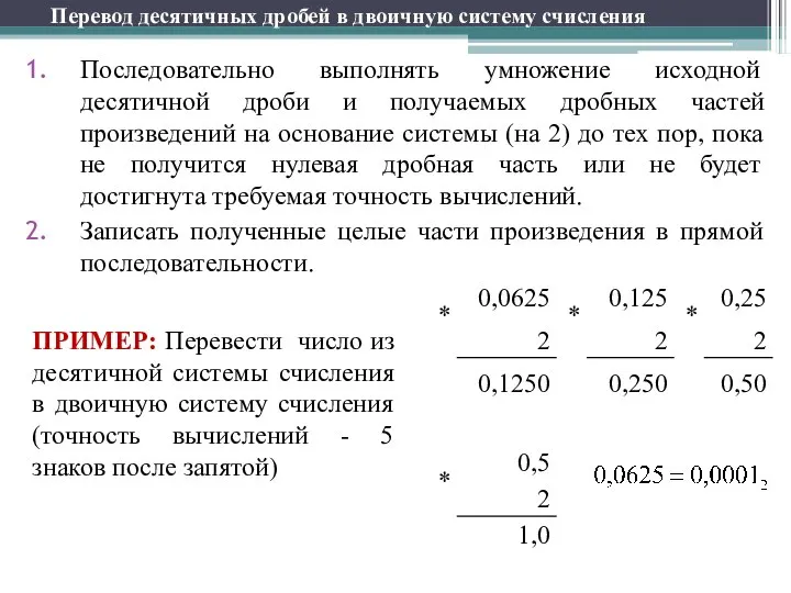 Перевод десятичных дробей в двоичную систему счисления Последовательно выполнять умножение исходной